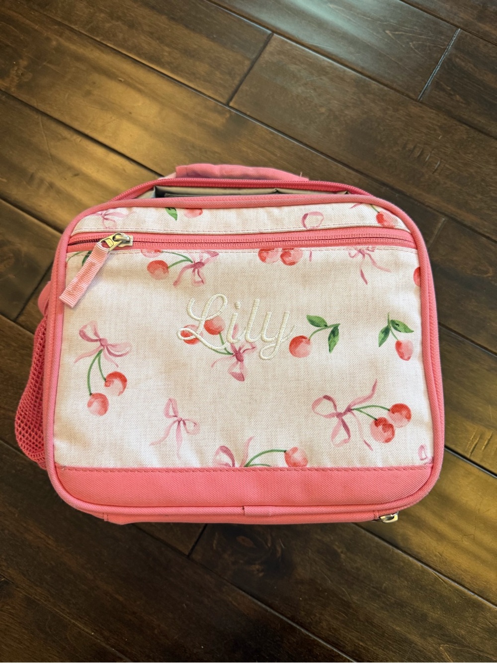 Pottery Barn Kids Pink Cherry Bow Print Lunch Bag